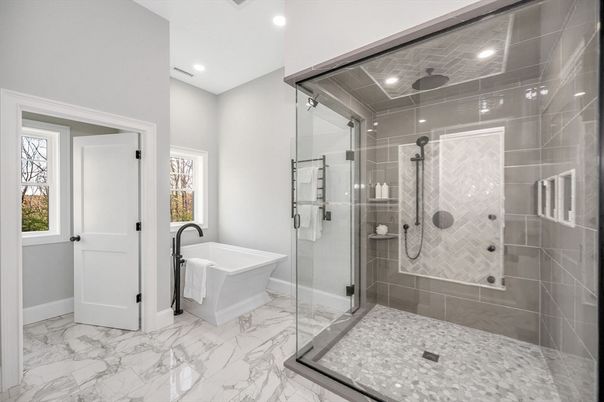Bathroom, Free Standing Baths, Glass Shower, Interior, Marble, Recessed Lighting