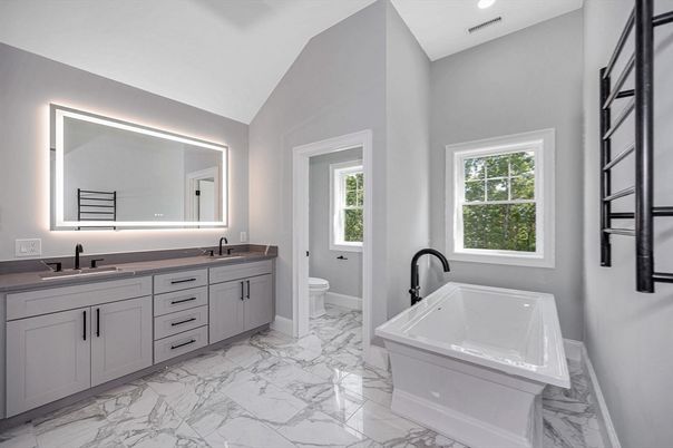 Bathroom, Dual Sink Vanities, Interior, Marble, Recessed Lighting