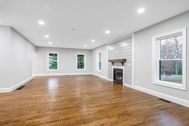 Empty room, Fireplace, Interior, Recessed Lighting, Wood Texture Flooring