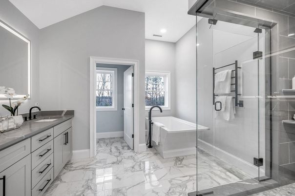 Bathroom, Dual Sink Vanities, Free Standing Baths, Glass Shower, Interior, Marble, Recessed Lighting