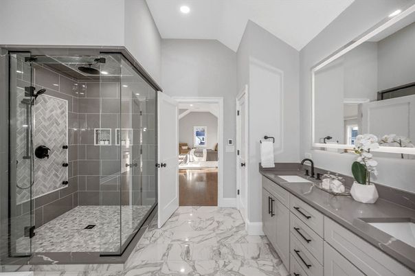 Bathroom, Dual Sink Vanities, Glass Shower, Interior, Marble, Recessed Lighting