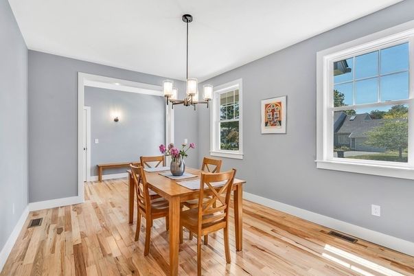 Dining room, Interior, Pendant Lights, Wood Texture Flooring