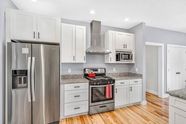 Interior, Kitchen, Recessed Lighting, Stainless Steel Appliances, Wood Texture Flooring