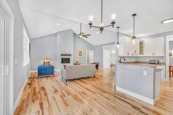 Fireplace, Interior, Kitchen, Living room, Pendant Lights, Recessed Lighting, Wood Texture Flooring