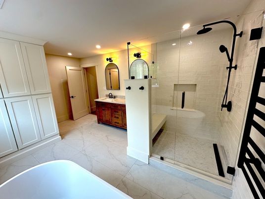 Bathroom, Dual Sink Vanities, Free Standing Baths, Glass Shower, Interior, Marble, Recessed Lighting