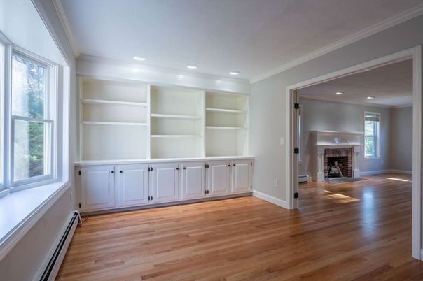 Empty room, Fireplace, Interior, Recessed Lighting, Wood Texture Flooring
