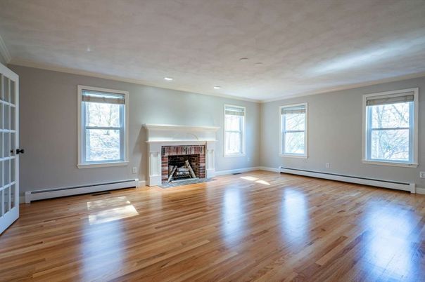 Empty room, Fireplace, Interior, Recessed Lighting, Wood Texture Flooring