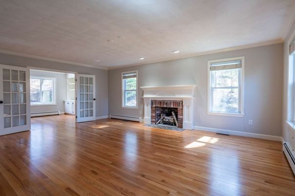 Empty room, Fireplace, Interior, Recessed Lighting, Wood Texture Flooring