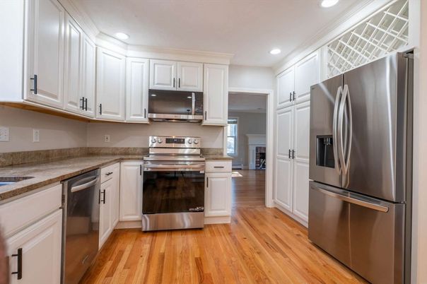 Interior, Kitchen, Recessed Lighting, Stainless Steel Appliances, Wood Texture Flooring