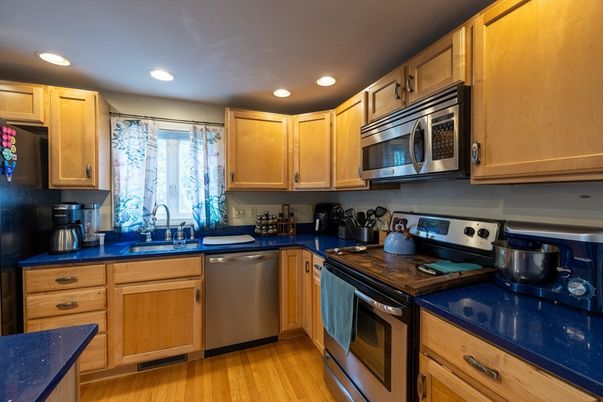 Interior, Kitchen, Recessed Lighting, Stainless Steel Appliances, Wood Texture Flooring