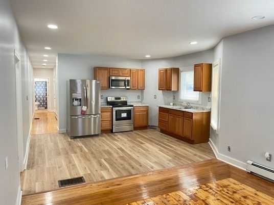 Interior, Kitchen, Recessed Lighting, Stainless Steel Appliances, Wood Texture Flooring