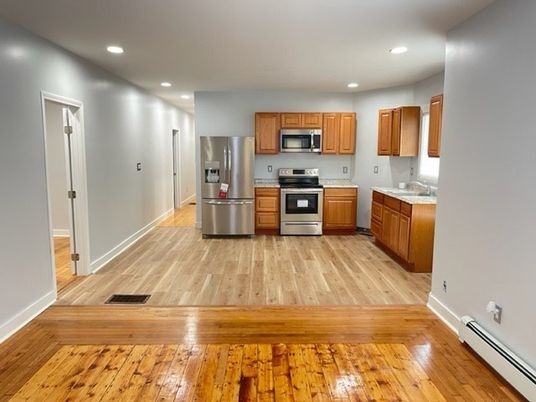 Interior, Kitchen, Recessed Lighting, Stainless Steel Appliances, Wood Texture Flooring