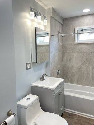 Bathroom, Interior, Recessed Lighting, Wood Texture Flooring