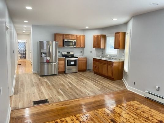 Interior, Kitchen, Recessed Lighting, Stainless Steel Appliances, Wood Texture Flooring