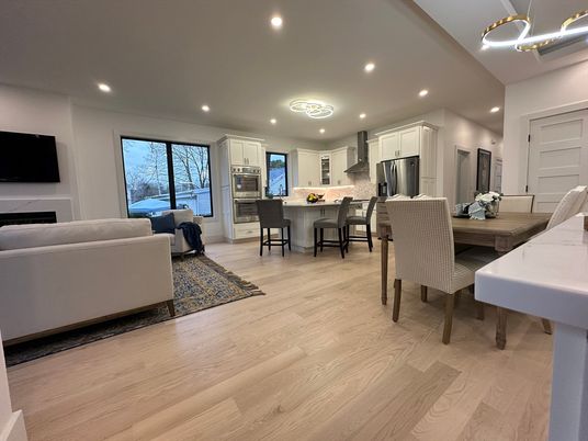 Dining room, Interior, Kitchen, Living room, Pendant Lights, Recessed Lighting, Stainless Steel Appliances, Wood Texture Flooring
