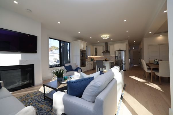 Dining room, Fireplace, Interior, Kitchen, Living room, Recessed Lighting, Stainless Steel Appliances, Wood Texture Flooring