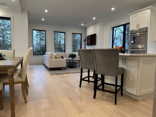 Dining room, Interior, Kitchen, Living room, Recessed Lighting, Stainless Steel Appliances, Wood Texture Flooring