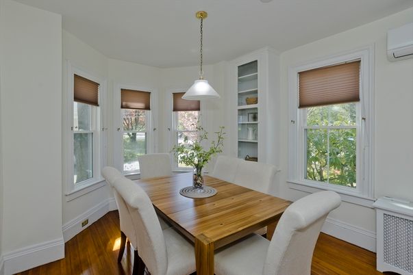 Dining room, Interior, Pendant Lights, Wood Texture Flooring