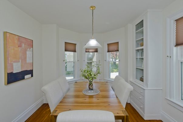 Dining room, Interior, Pendant Lights, Wood Texture Flooring
