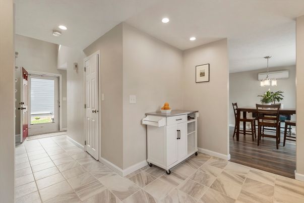 Dining room, Interior, Pendant Lights, Recessed Lighting, Wood Texture Flooring