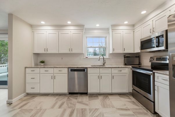 Interior, Kitchen, Marble, Recessed Lighting, Stainless Steel Appliances
