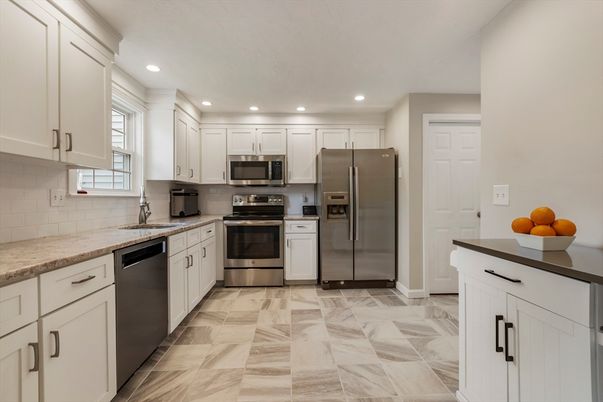 Interior, Kitchen, Marble, Recessed Lighting, Stainless Steel Appliances