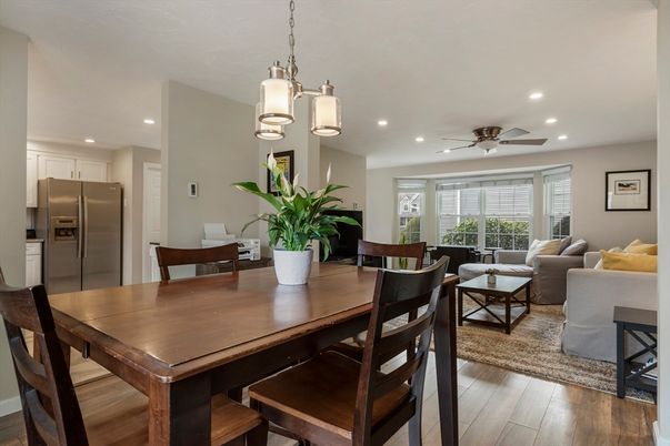 Dining room, Interior, Kitchen, Living room, Pendant Lights, Recessed Lighting, Stainless Steel Appliances, Wood Texture Flooring