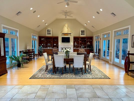 Dining room, Fireplace, Interior, Living room, Recessed Lighting, Wood Texture Flooring