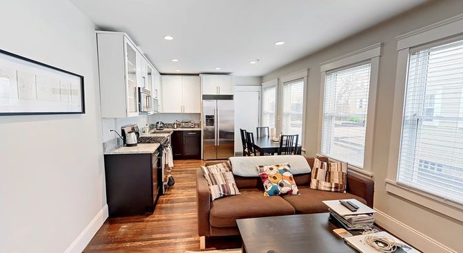 Dining room, Interior, Kitchen, Living room, Recessed Lighting, Stainless Steel Appliances, Wood Texture Flooring