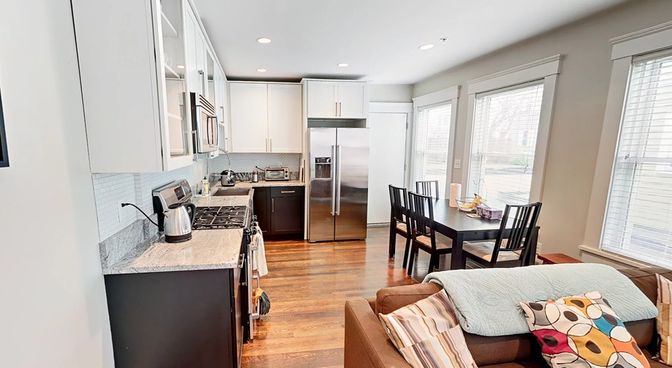 Dining room, Interior, Kitchen, Recessed Lighting, Stainless Steel Appliances, Wood Texture Flooring