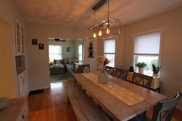 Dining room, Interior, Living room, Pendant Lights, Wood Texture Flooring