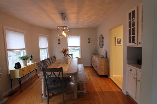 Dining room, Interior, Pendant Lights, Wood Texture Flooring