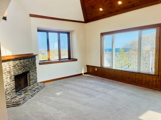 Empty room, Fireplace, Interior, Recessed Lighting, Wooden Ceilings
