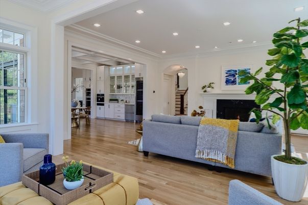 Fireplace, Interior, Living room, Recessed Lighting, Wood Texture Flooring