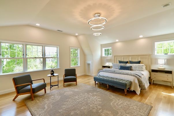 Bedroom, Interior, Pendant Lights, Recessed Lighting, Wood Texture Flooring