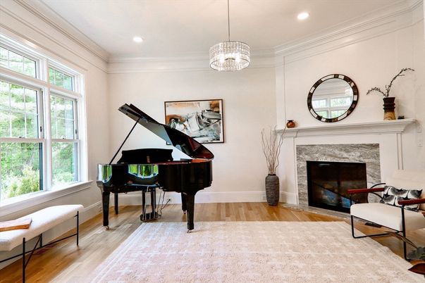 Fireplace, Interior, Pendant Lights, Piano, Recessed Lighting, Wood Texture Flooring