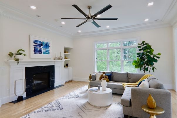 Fireplace, Interior, Living room, Recessed Lighting, Wood Texture Flooring