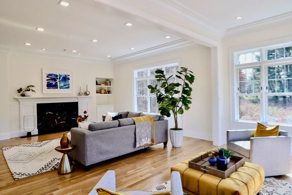 Fireplace, Interior, Living room, Recessed Lighting, Wood Texture Flooring