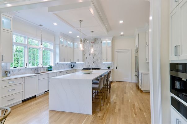 Interior, Kitchen, Marble Walls, Pendant Lights, Recessed Lighting, Wood Texture Flooring