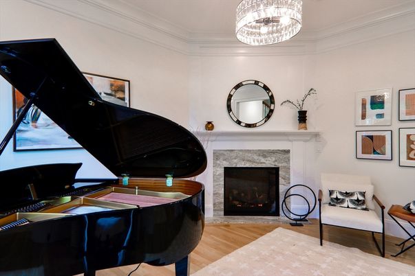 Chandelier, Fireplace, Interior, Piano, Wood Texture Flooring