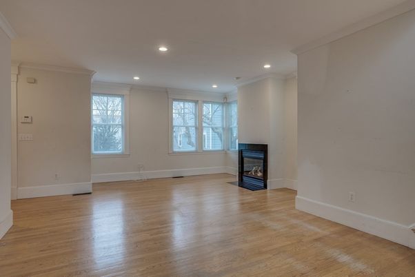 Empty room, Fireplace, Interior, Recessed Lighting, Wood Texture Flooring