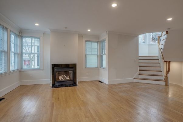 Empty room, Fireplace, Interior, Recessed Lighting, Wood Texture Flooring