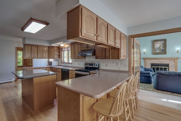 Fireplace, Interior, Kitchen, Living room, Wood Texture Flooring