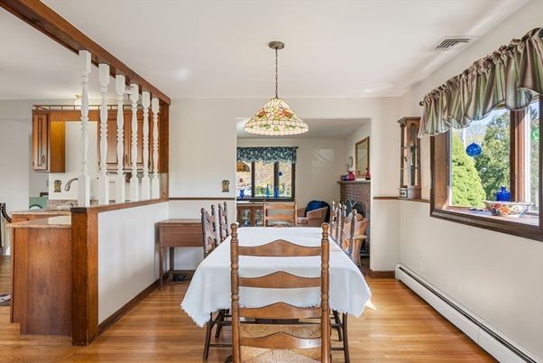 Dining room, Interior, Pendant Lights, Wood Texture Flooring