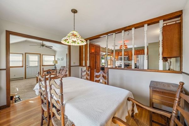 Dining room, Interior, Kitchen, Pendant Lights, Stainless Steel Appliances, Wood Texture Flooring