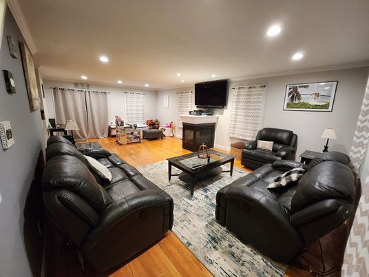 Fireplace, Interior, Living room, Recessed Lighting, Wood Texture Flooring