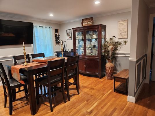 Dining room, Interior, Recessed Lighting, Wood Texture Flooring