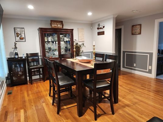 Dining room, Interior, Recessed Lighting, Wood Texture Flooring
