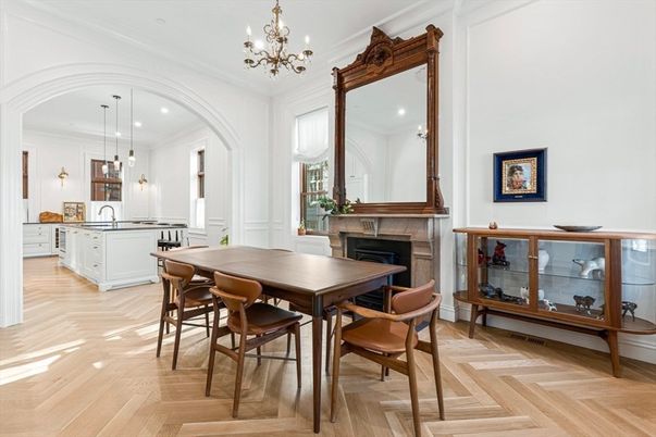 Chandelier, Dining room, Fireplace, Interior, Kitchen, Pendant Lights, Recessed Lighting, Wood Texture Flooring