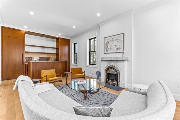 Fireplace, Interior, Living room, Recessed Lighting, Wood Texture Flooring, Wooden Walls
